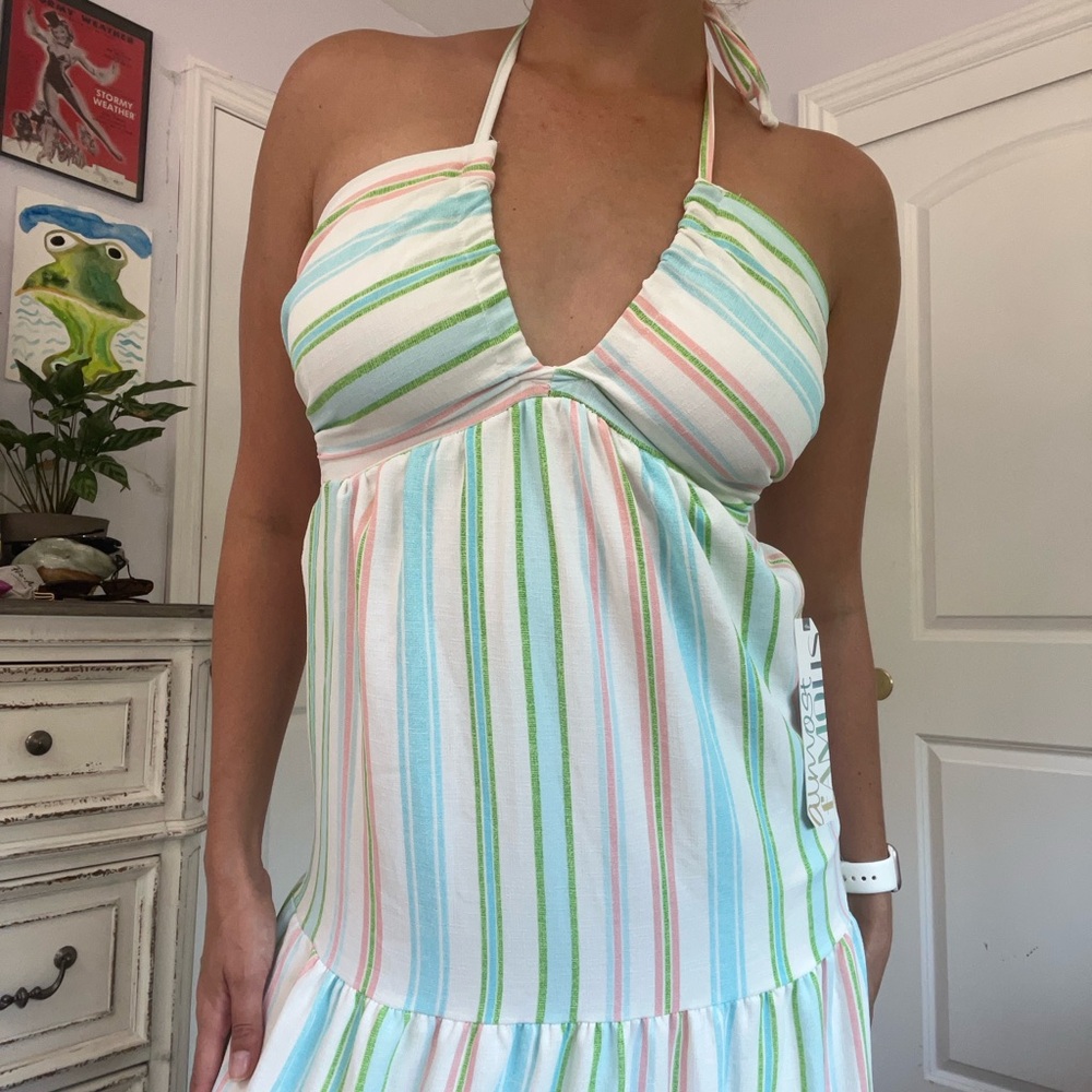 White and multi-colored striped halter dress